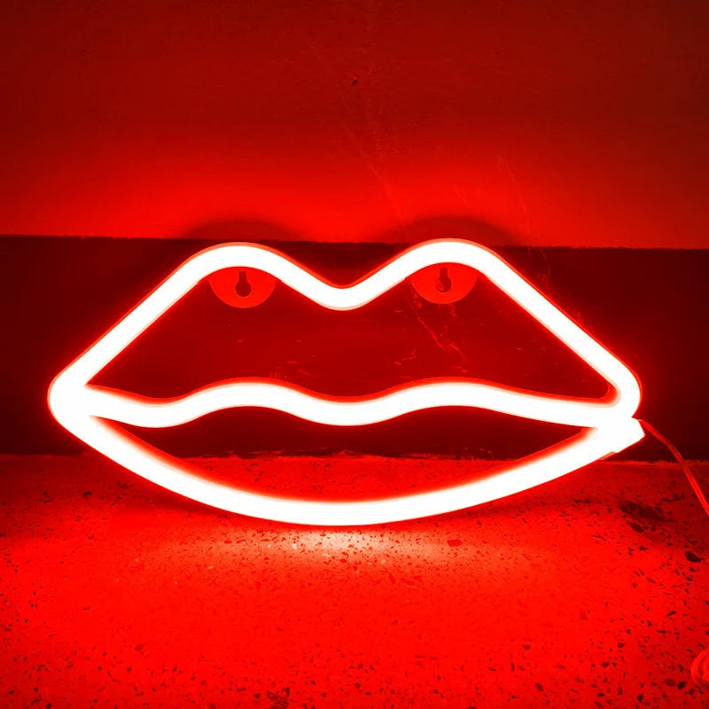 Pink lip shaped neon light, USB/battery powered art.