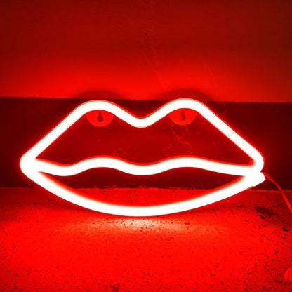 Pink lip shaped neon light, USB/battery powered art.