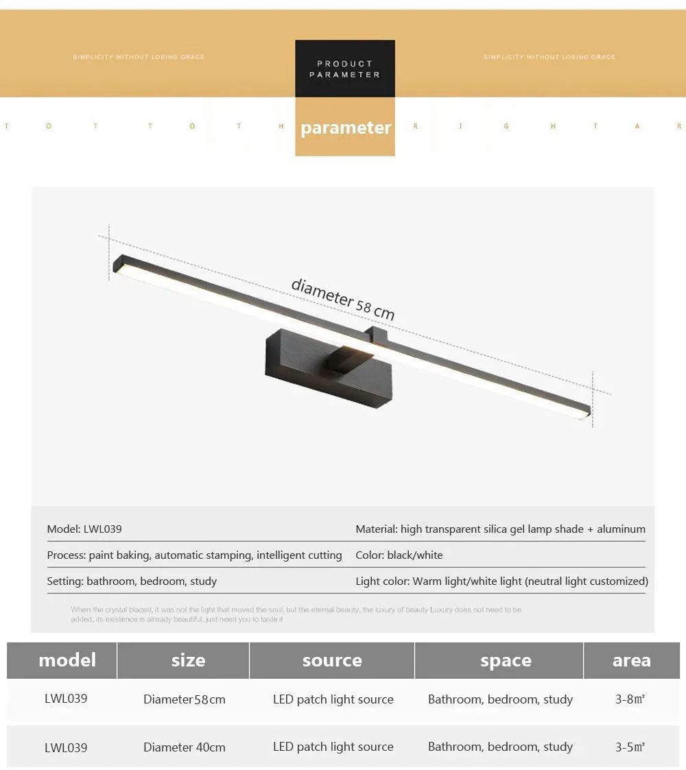 Mirror Light LED Wall Lamp Black/White Iron Body Modern Style Bedroom/Bathroom, Wall Mounted Lamp