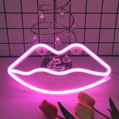 Pink lip shaped neon light, USB/battery powered art.