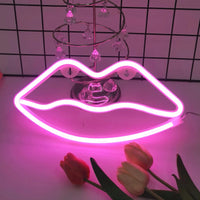 Pink lip shaped neon light, USB/battery powered art.