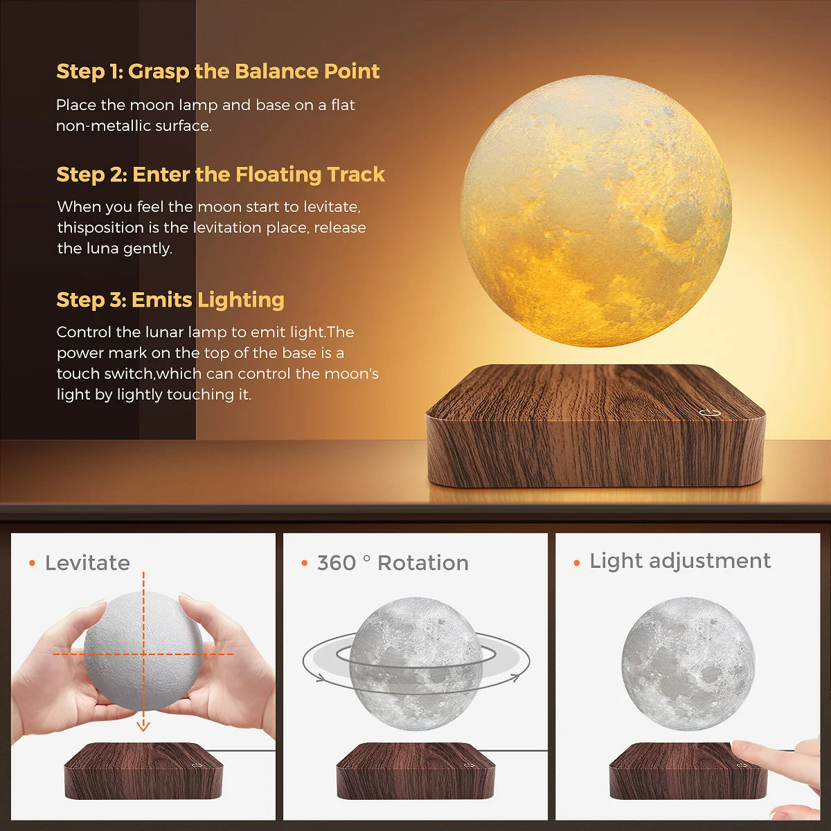Amazing Magnetic Moon Lamp, LED Night Light, round Touch-Activated Body Material ABS No Batteries Required