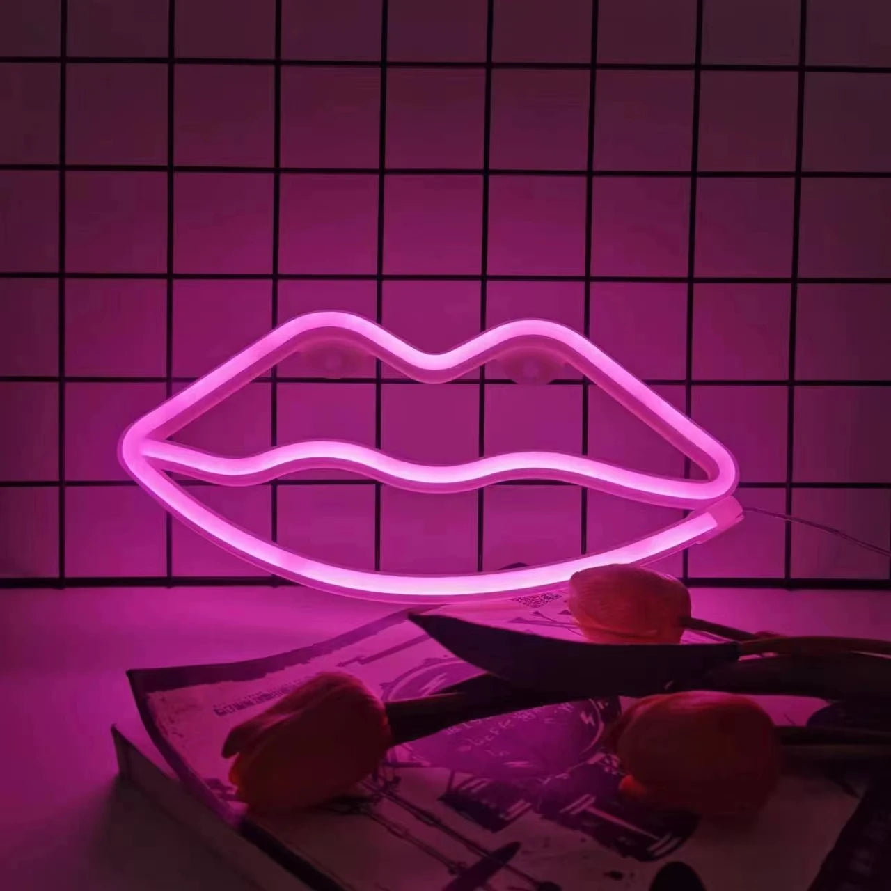 Pink lip shaped neon light, USB/battery powered art.